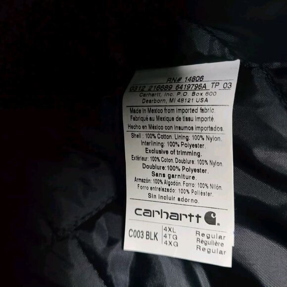 Carhartt Jacket 4XL Black Loose Fit Firm Duck Insulated Traditional Work C003 - Picture 9 of 13